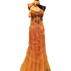 Luxury Couture Runway Designer Beaded Corset Scarf Elegant Evening Gown Dress NW